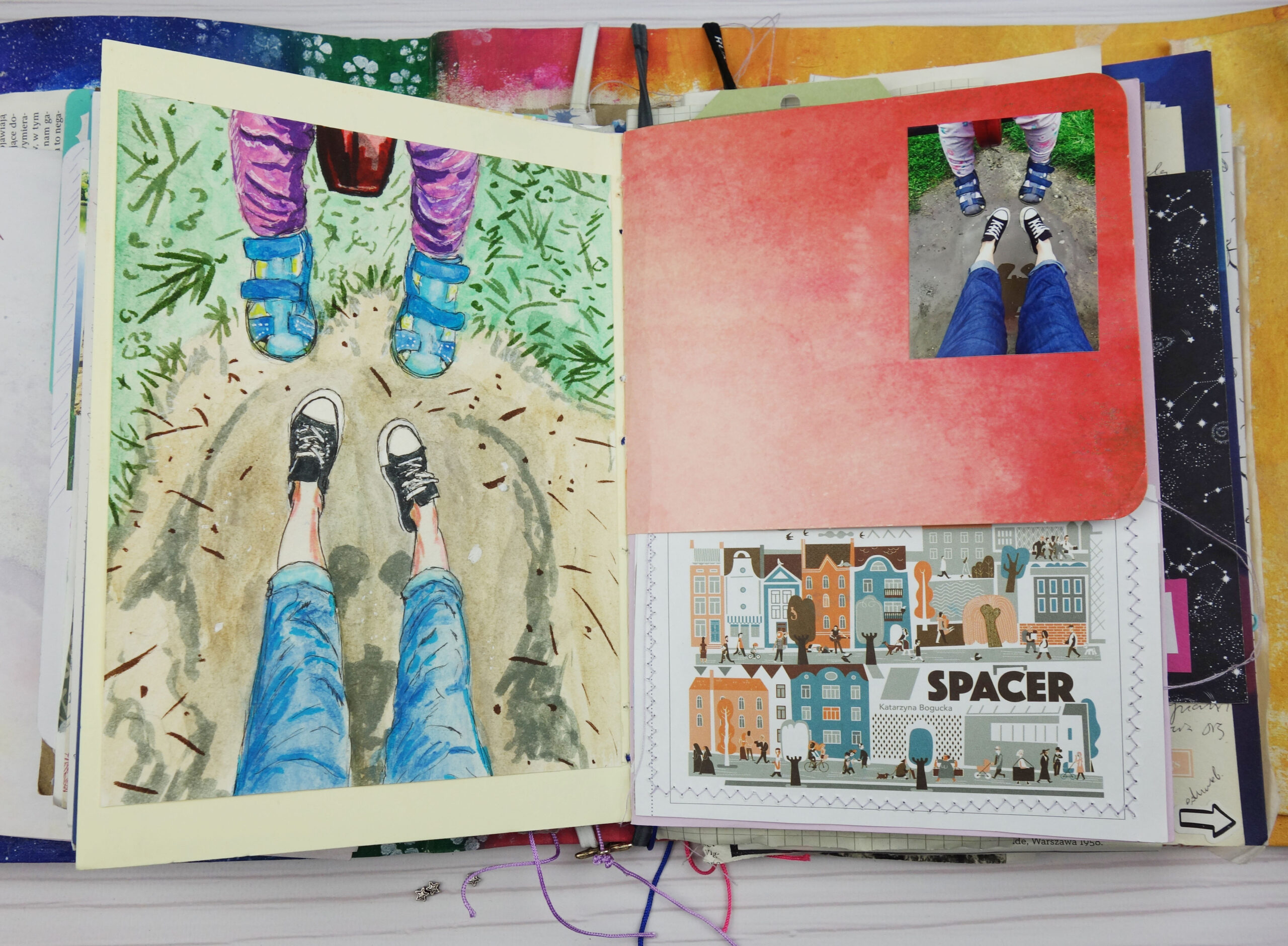 Obrazek namalowany akwarelami i zdjęcie, rozkładówka z junk journala.