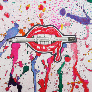 Obraz z art journala: usta wampira z ołówkiem w zębach na tle kolorowych plam.