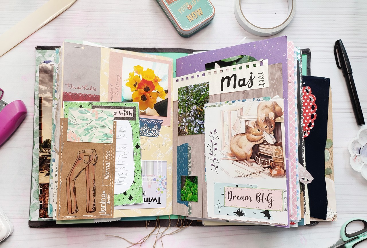 Junk journal spread, example of memory documenting: illustrations, journaling cards, tags.
