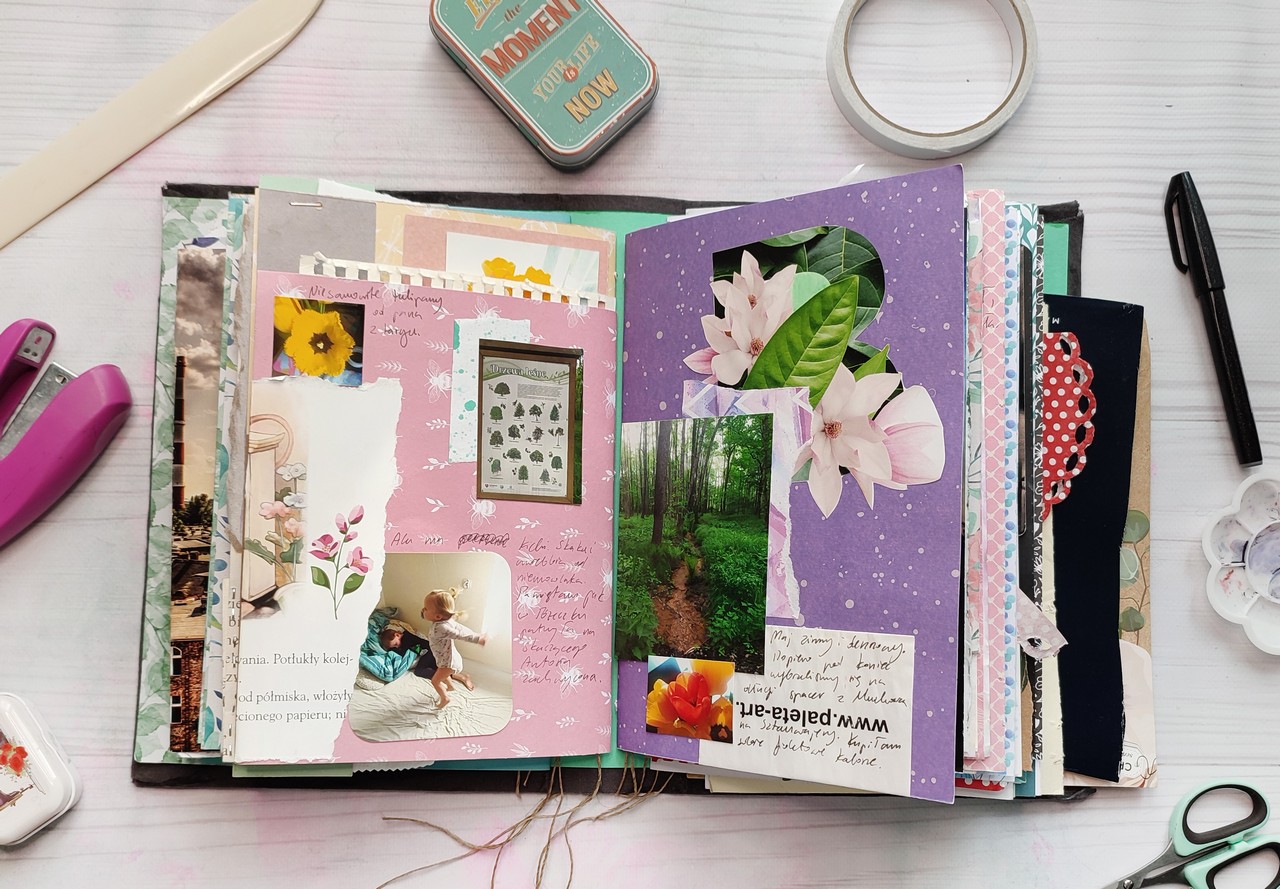 Sample memory documenting spread: photos, illustrations, notes.